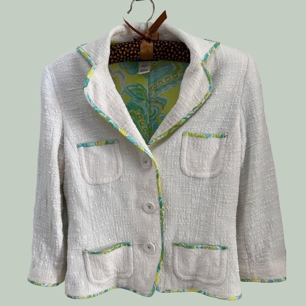 Sigrid Olsen Collection‎ White Tweed Blazer Paisley Trim Petite 6 Womens Jacket